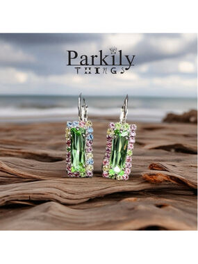 Peridot Baguette Crystal Leverback Earrings – Handcrafted Lightweight NWT